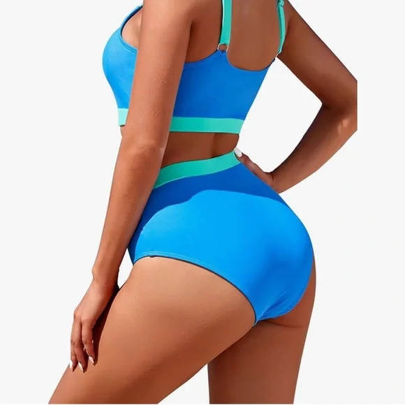 High Waisted Sporty Scoop Neck Bikini- Blue/Teal - Picture 2 of 9